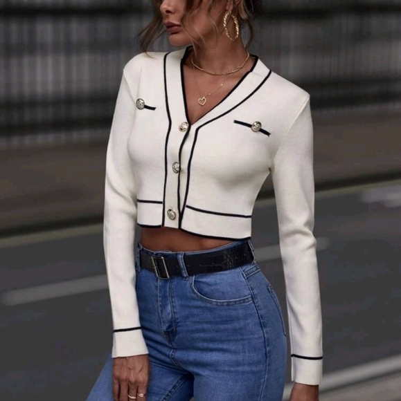 White Cardigan Contrast Binding Button Front Cardigan,Long Sleeve Tops - Picture 4 of 4
